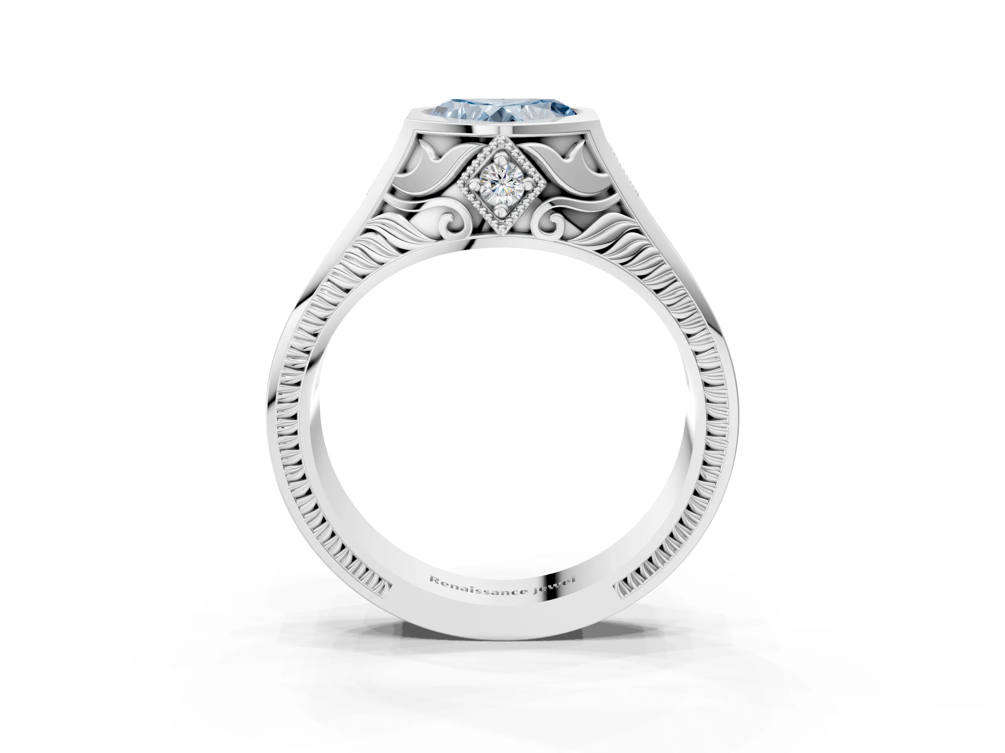 White gold Hexagonal Bezel Fancy Blue Heart Cut Diamond Engraved Band Prong Ring_3