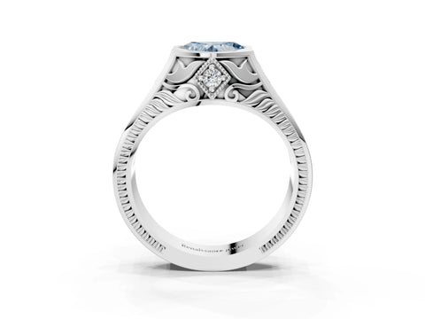 White gold Hexagonal Bezel Fancy Blue Heart Cut Diamond Engraved Band Prong Ring_3