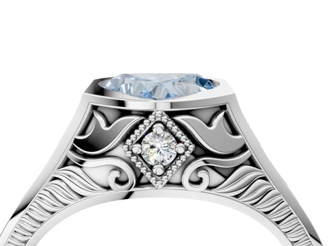 White gold Hexagonal Bezel Fancy Blue Heart Cut Diamond Engraved Band Prong Ring_4