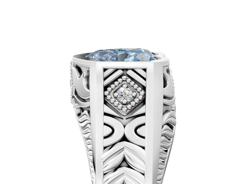 White gold Hexagonal Bezel Fancy Blue Heart Cut Diamond Engraved Band Prong Ring_5