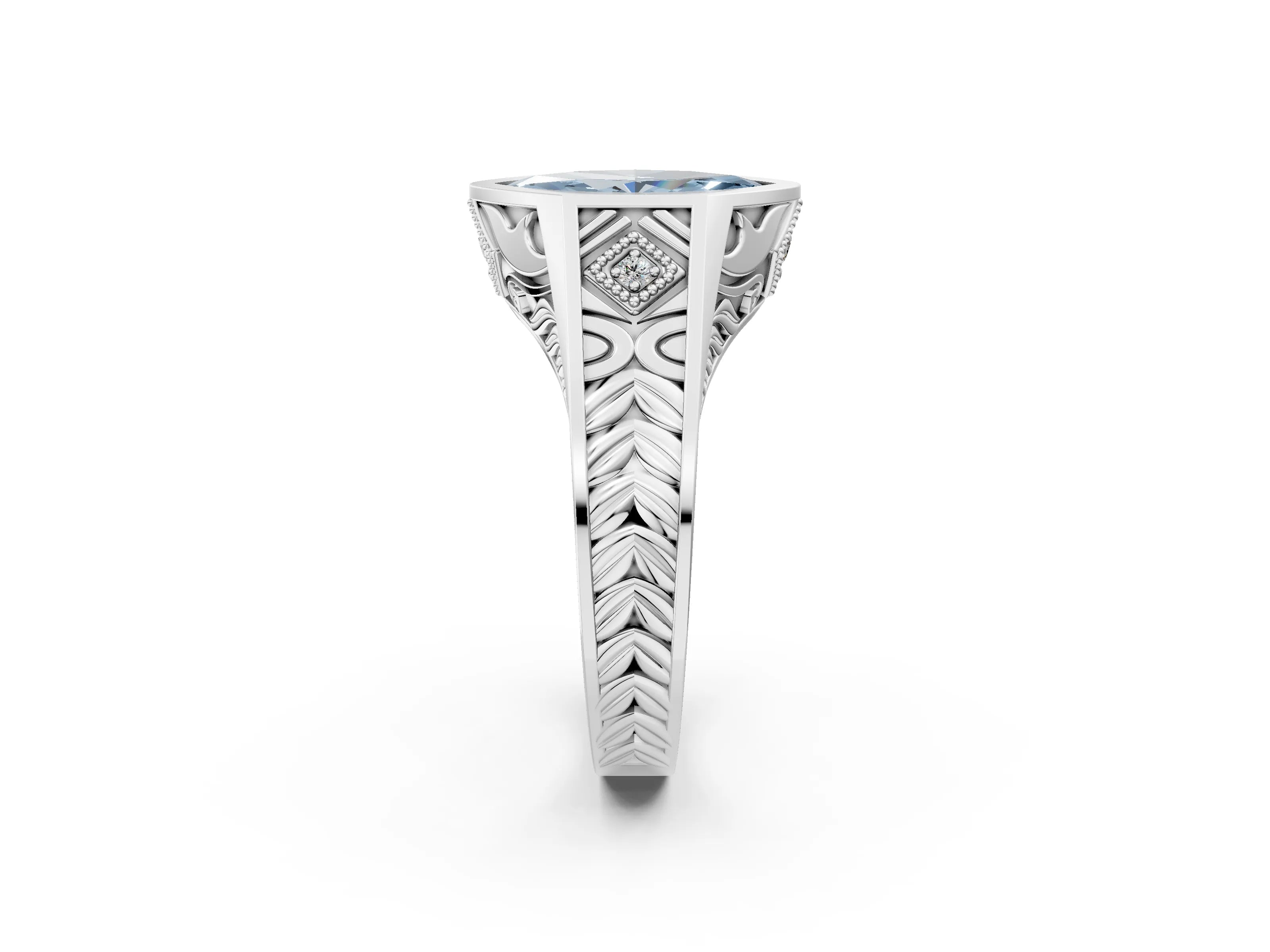 White gold Hexagonal Bezel Fancy Blue Marquise Cut Diamond Engraved Band Prong Ring_2