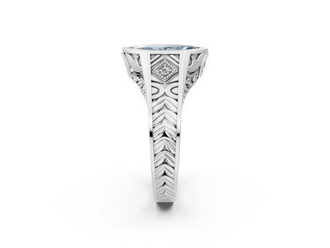 White gold Hexagonal Bezel Fancy Blue Marquise Cut Diamond Engraved Band Prong Ring_2