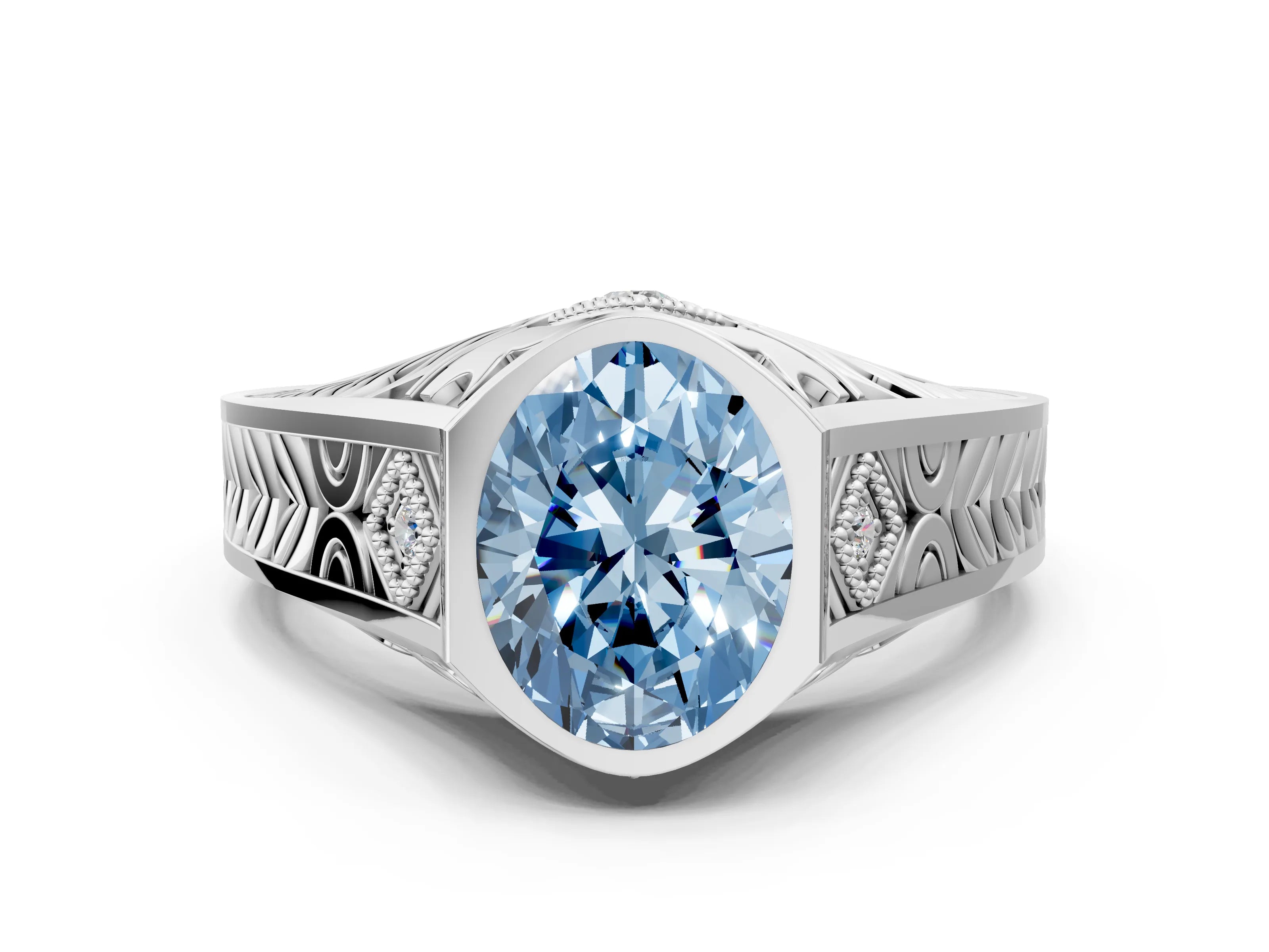 White gold Hexagonal Bezel Fancy Blue Oval Cut Diamond Engraved Band Prong Ring_24
