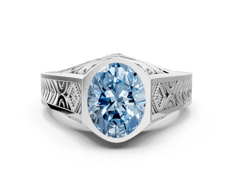 White gold Hexagonal Bezel Fancy Blue Oval Cut Diamond Engraved Band Prong Ring_24