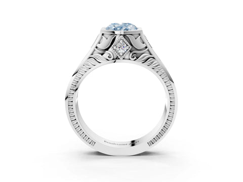 White gold Hexagonal Bezel Fancy Blue Oval Cut Diamond Engraved Band Prong Ring_27