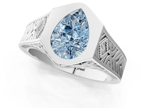White gold Hexagonal Bezel Fancy Blue Pear Cut Diamond Engraved Band Prong Ring_25