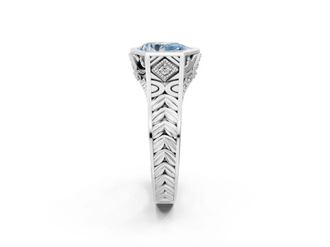 White gold Hexagonal Bezel Fancy Blue Pear Cut Diamond Engraved Band Prong Ring_26