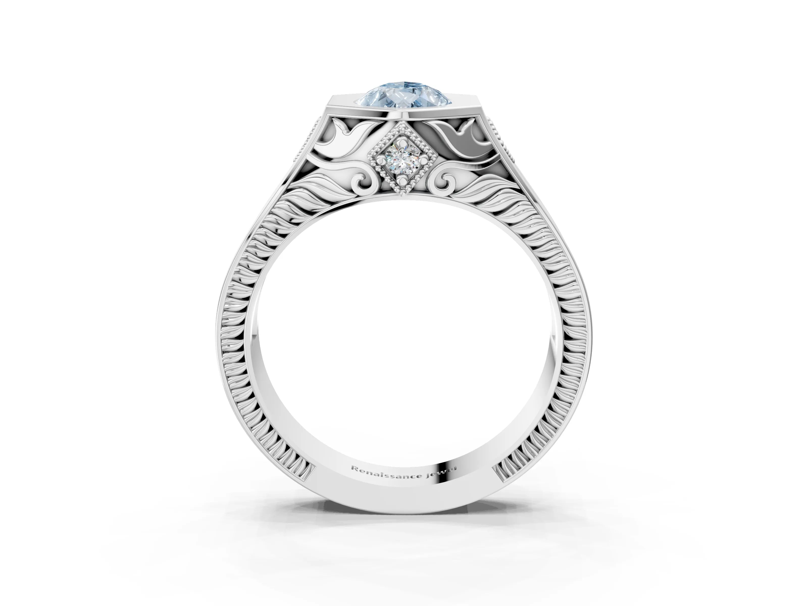 White gold Hexagonal Bezel Fancy Blue Pear Cut Diamond Engraved Band Prong Ring_27