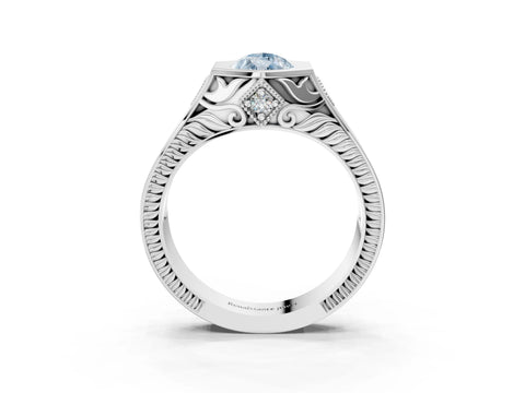 White gold Hexagonal Bezel Fancy Blue Pear Cut Diamond Engraved Band Prong Ring_27