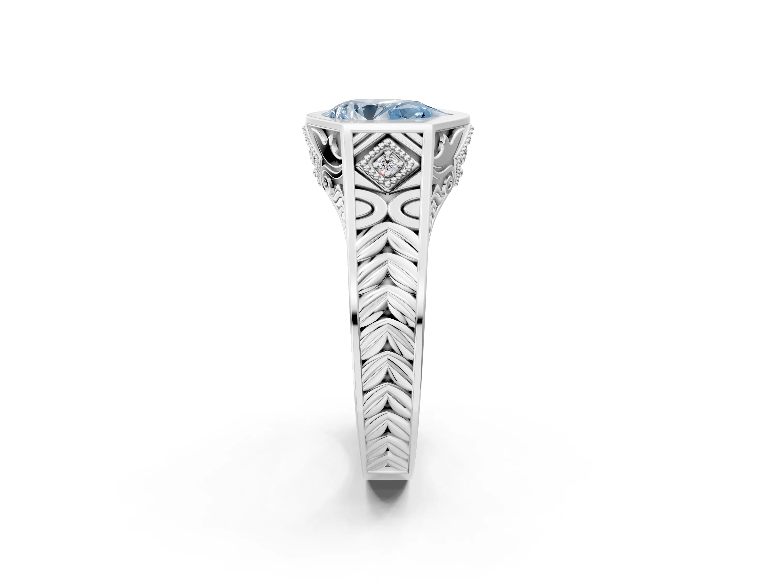 White gold Hexagonal Bezel Fancy Blue Pear Cut Diamond Engraved Band Prong Ring_2