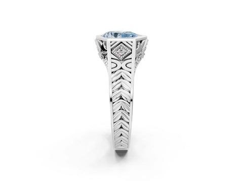 White gold Hexagonal Bezel Fancy Blue Pear Cut Diamond Engraved Band Prong Ring_38