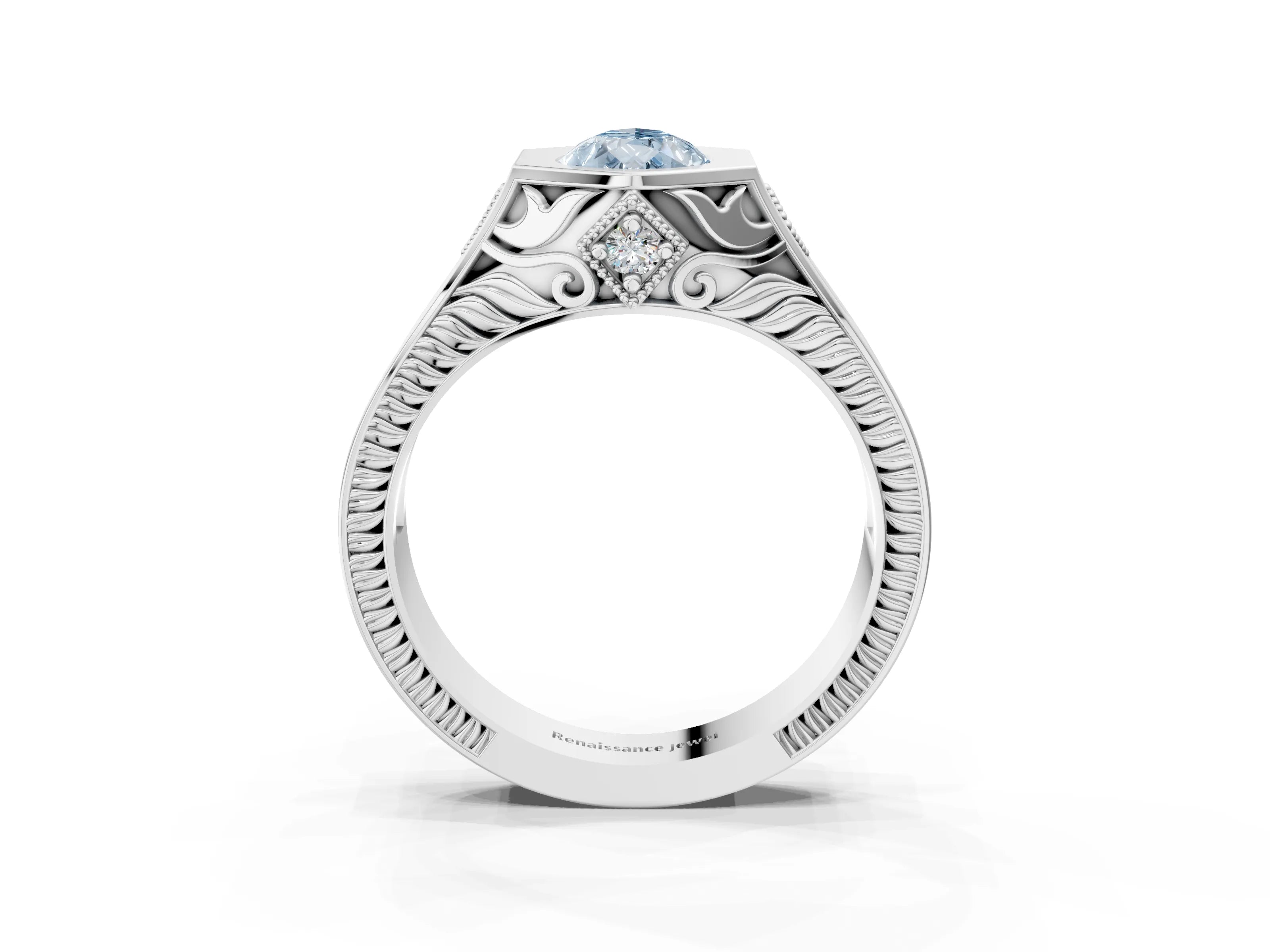 White gold Hexagonal Bezel Fancy Blue Pear Cut Diamond Engraved Band Prong Ring_3
