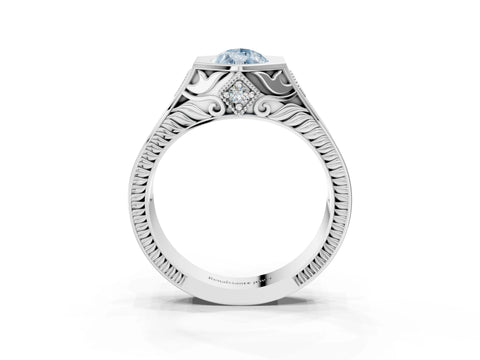 White gold Hexagonal Bezel Fancy Blue Pear Cut Diamond Engraved Band Prong Ring_3