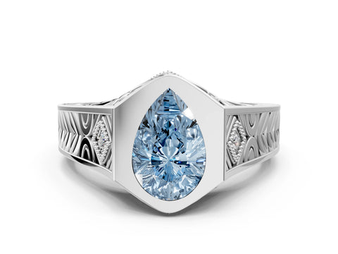 White gold Hexagonal Bezel Fancy Blue Pear Cut Diamond Engraved Band Prong Ring