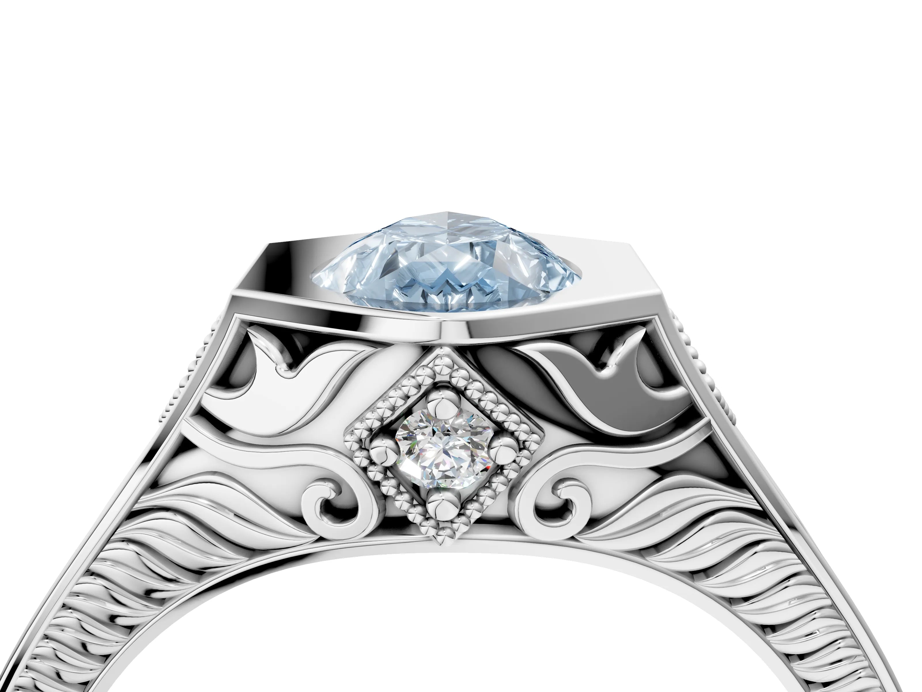 White gold Hexagonal Bezel Fancy Blue Pear Cut Diamond Engraved Band Prong Ring_4