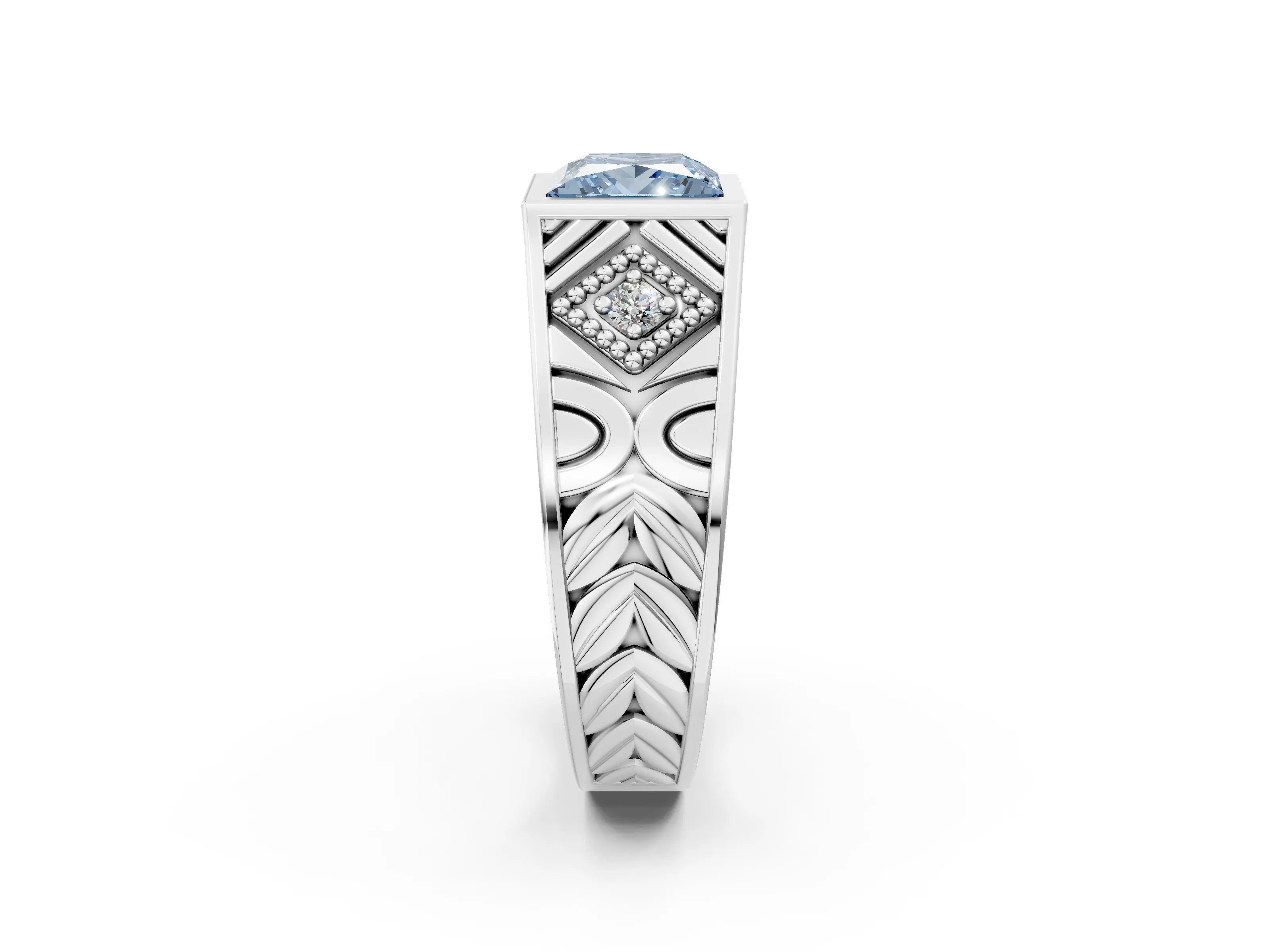 White gold Hexagonal Bezel Fancy Blue Princess Cut Diamond Engraved Band Prong Ring_2