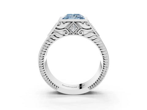 White gold Hexagonal Bezel Fancy Blue Princess Cut Diamond Engraved Band Prong Ring_3