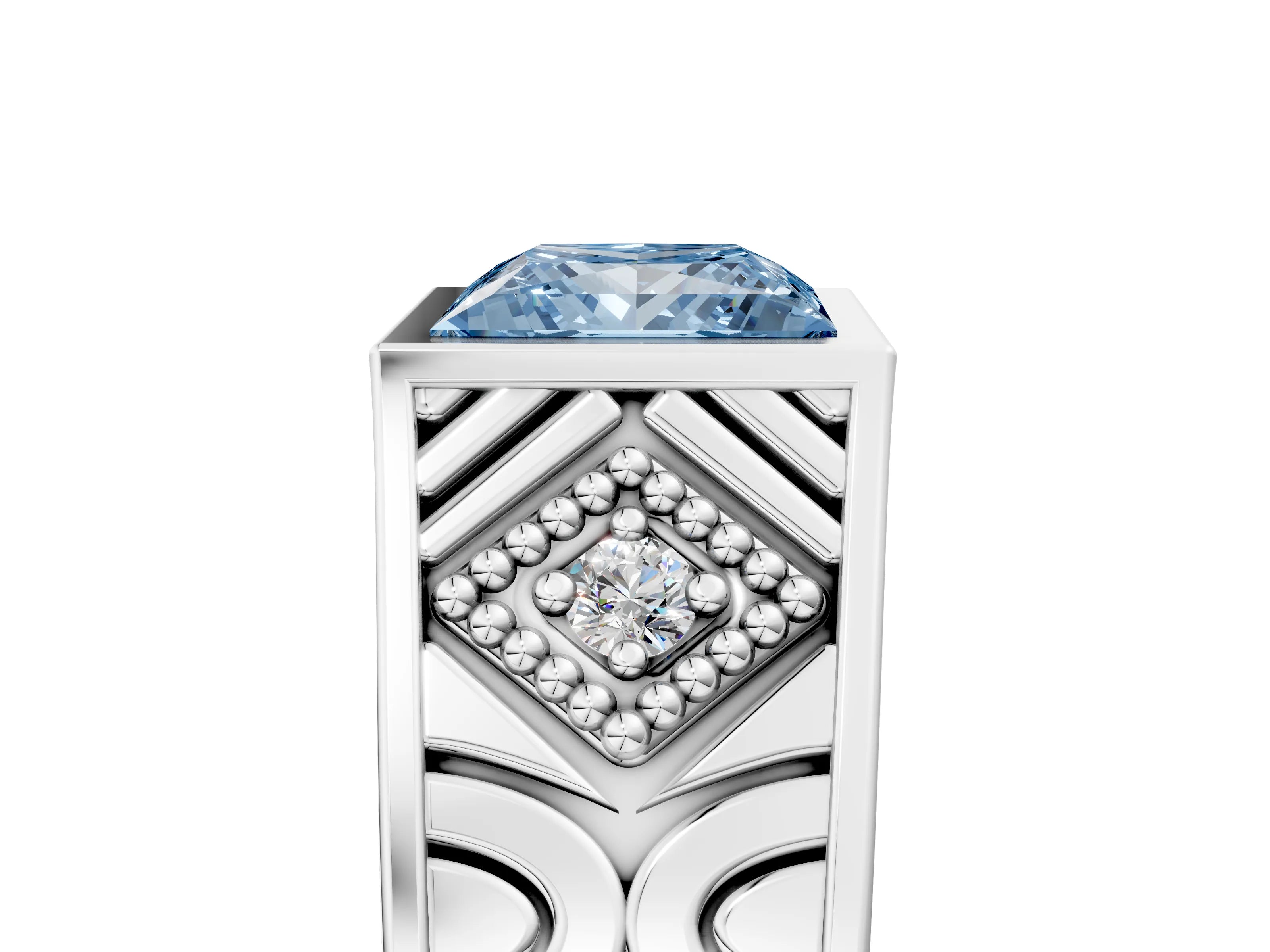 White gold Hexagonal Bezel Fancy Blue Princess Cut Diamond Engraved Band Prong Ring_5