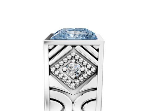 White gold Hexagonal Bezel Fancy Blue Princess Cut Diamond Engraved Band Prong Ring_5