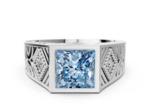 White gold Hexagonal Bezel Fancy Blue Princess Cut Diamond Engraved Band Prong Ring