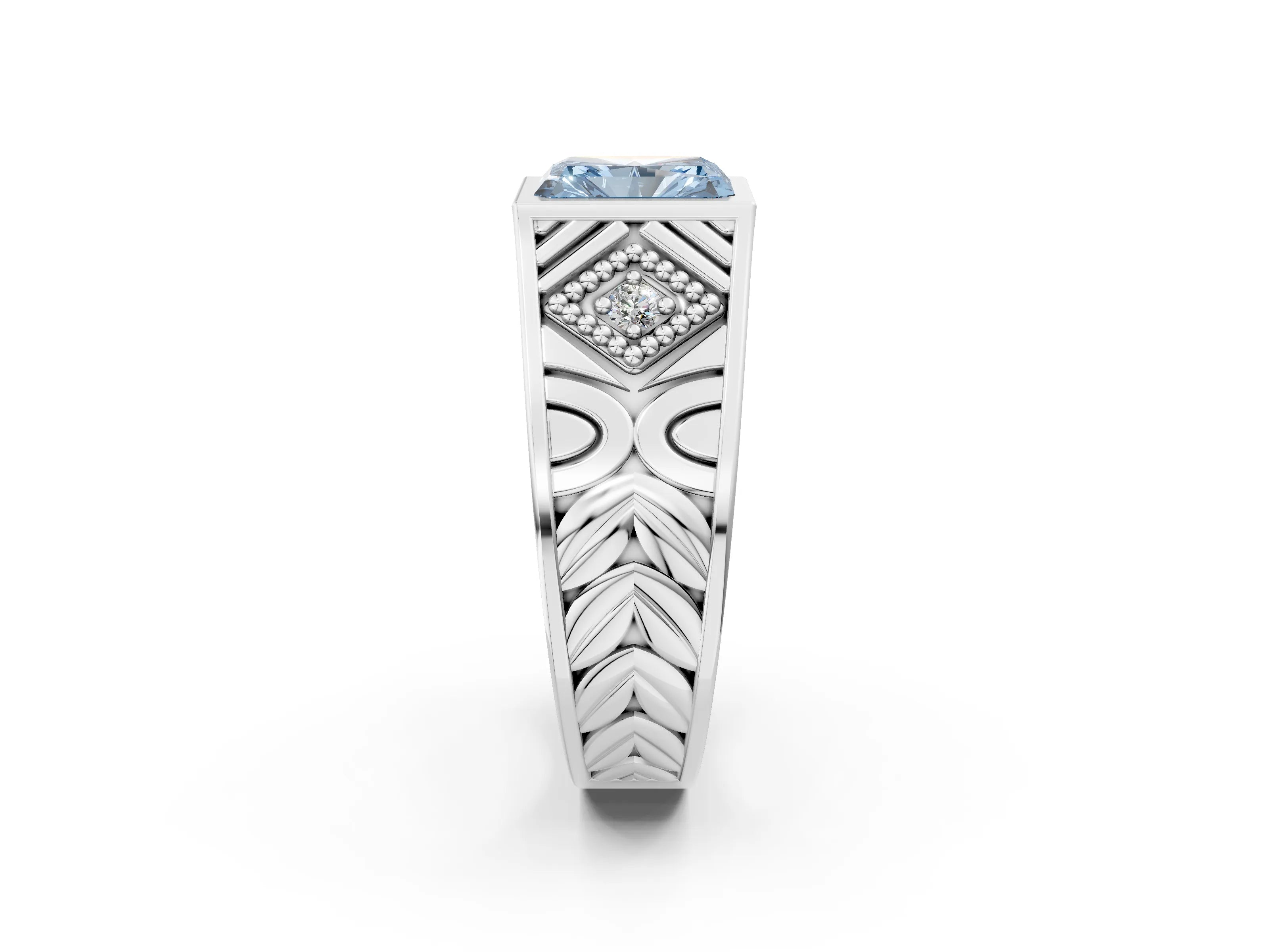 White gold Hexagonal Bezel Fancy Blue Radiant Cut Diamond Engraved Band Prong Ring_2