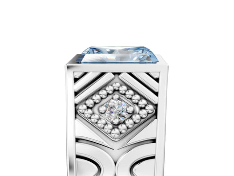 White gold Hexagonal Bezel Fancy Blue Radiant Cut Diamond Engraved Band Prong Ring_5