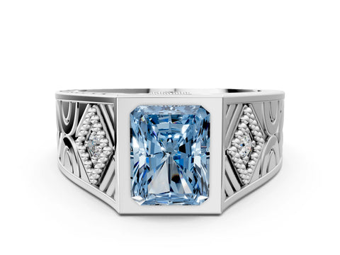 White gold Hexagonal Bezel Fancy Blue Radiant Cut Diamond Engraved Band Prong Ring