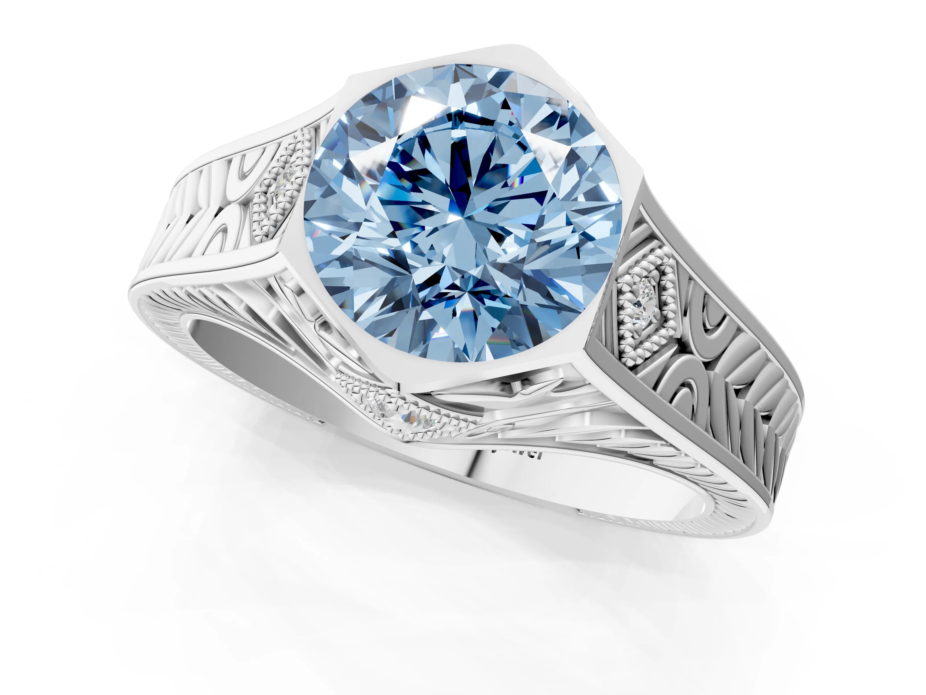 White gold Hexagonal Bezel Fancy Blue Round Cut Diamond Engraved Band Prong Ring_13