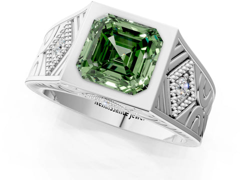 White gold Hexagonal Bezel Fancy Green Asscher Cut Diamond Engraved Band Prong Ring_1