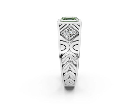 White gold Hexagonal Bezel Fancy Green Asscher Cut Diamond Engraved Band Prong Ring_2