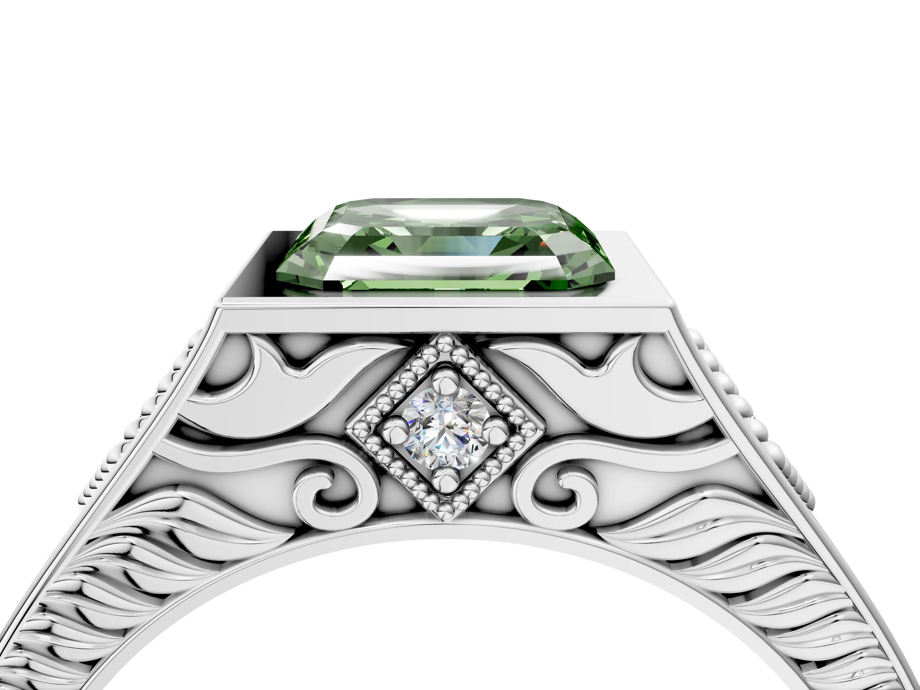White gold Hexagonal Bezel Fancy Green Asscher Cut Diamond Engraved Band Prong Ring_4