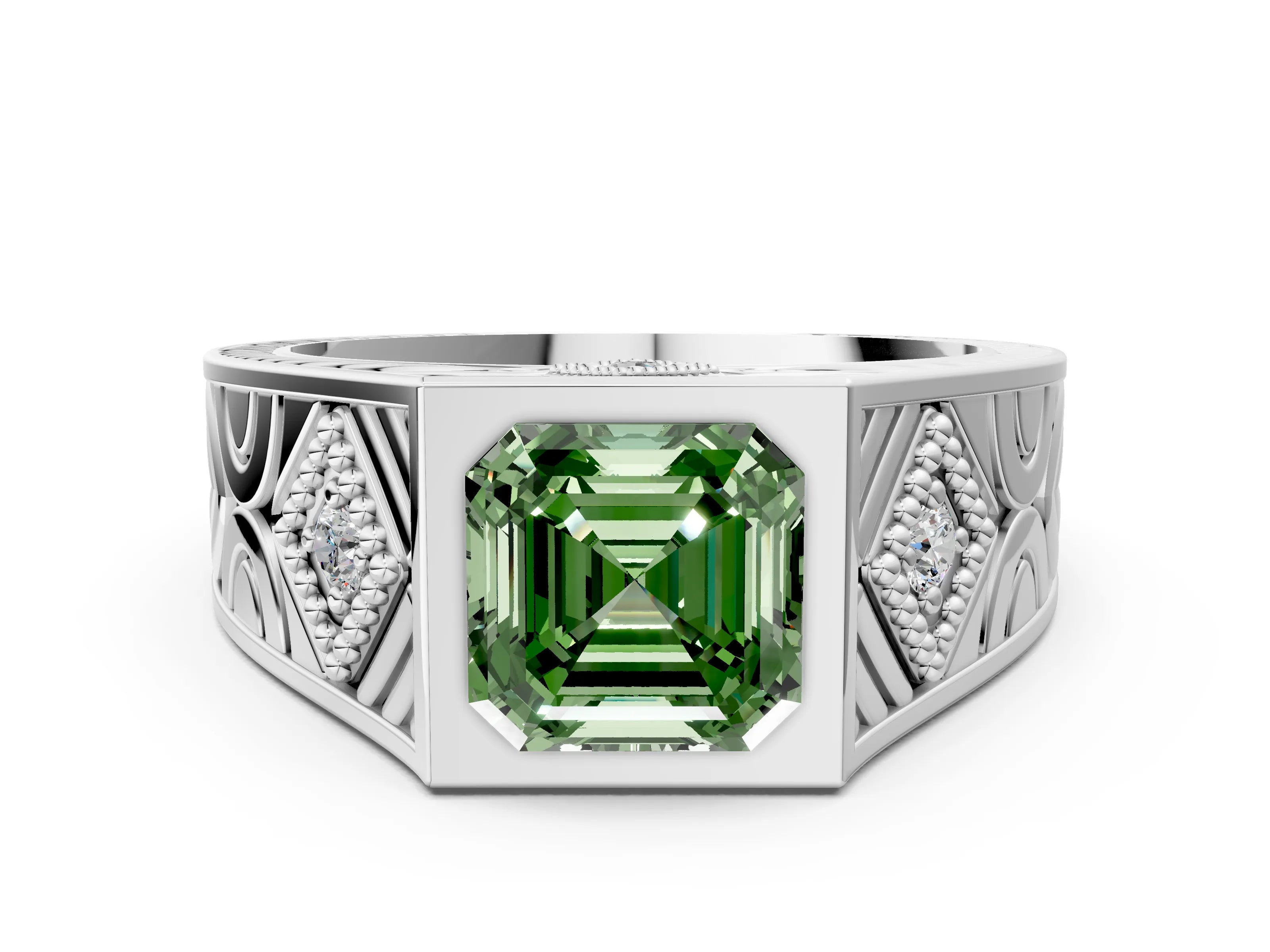 White gold Hexagonal Bezel Fancy Green Asscher Cut Diamond Engraved Band Prong Ring