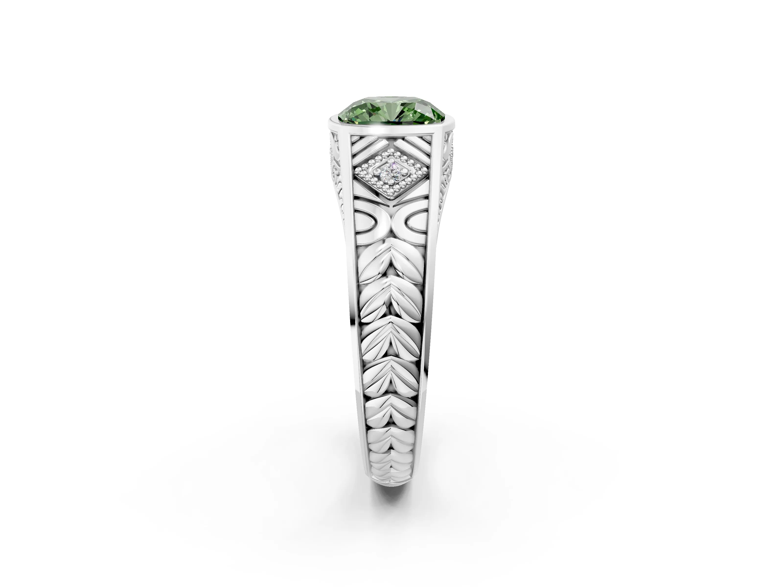 White gold Hexagonal Bezel Fancy Green Cushion Cut Diamond Engraved Band Prong Ring_14