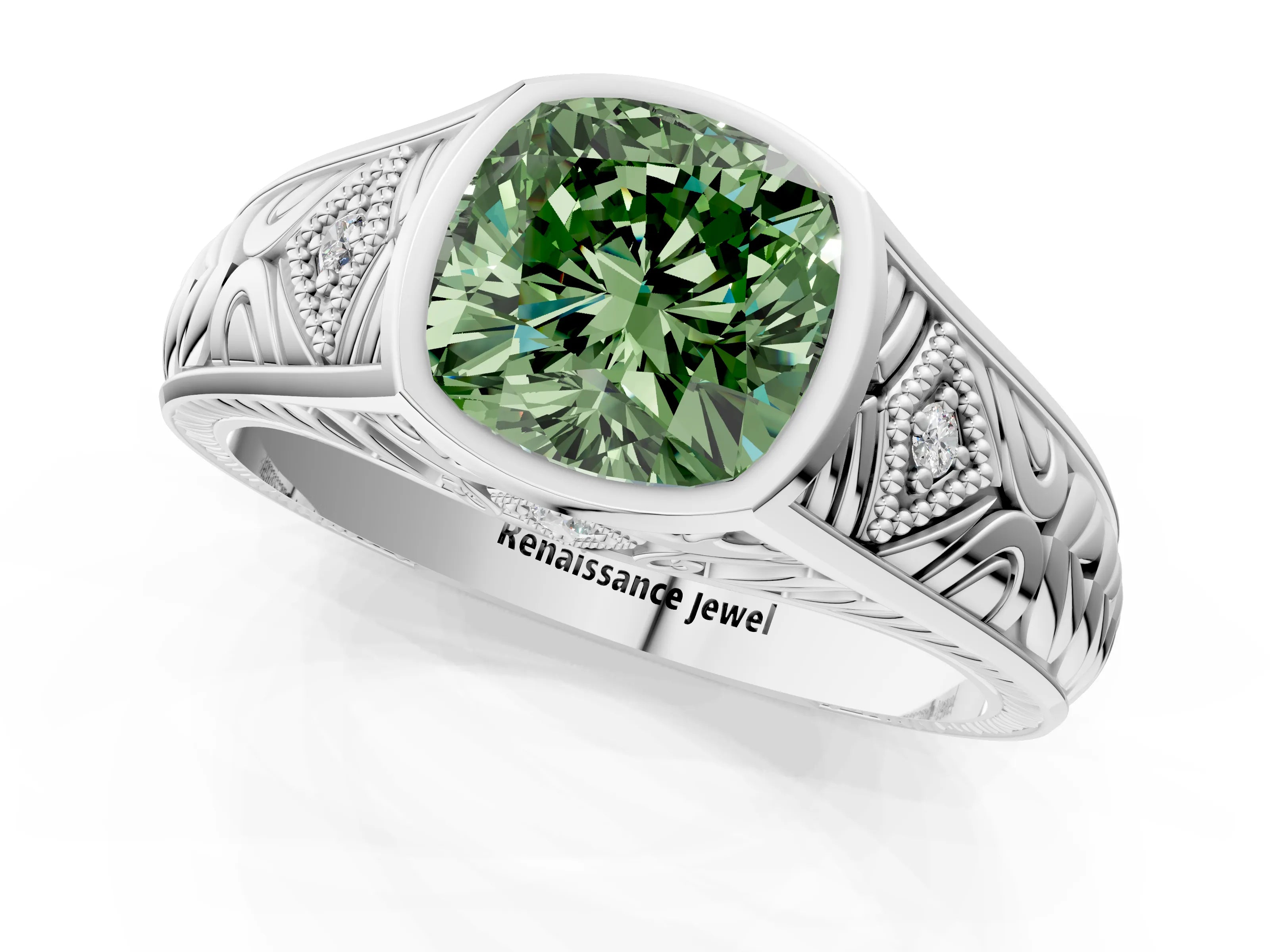 White gold Hexagonal Bezel Fancy Green Cushion Cut Diamond Engraved Band Prong Ring_1