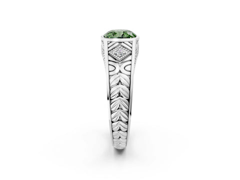 White gold Hexagonal Bezel Fancy Green Cushion Cut Diamond Engraved Band Prong Ring_2
