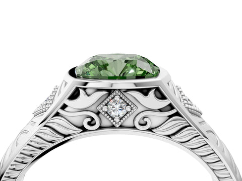 White gold Hexagonal Bezel Fancy Green Cushion Cut Diamond Engraved Band Prong Ring_4