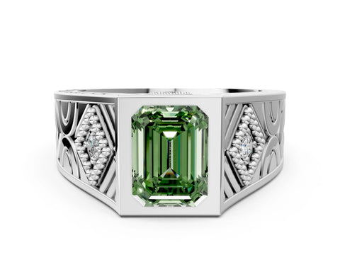 White gold Hexagonal Bezel Fancy Green Emerald Cut Diamond Engraved Band Prong Ring
