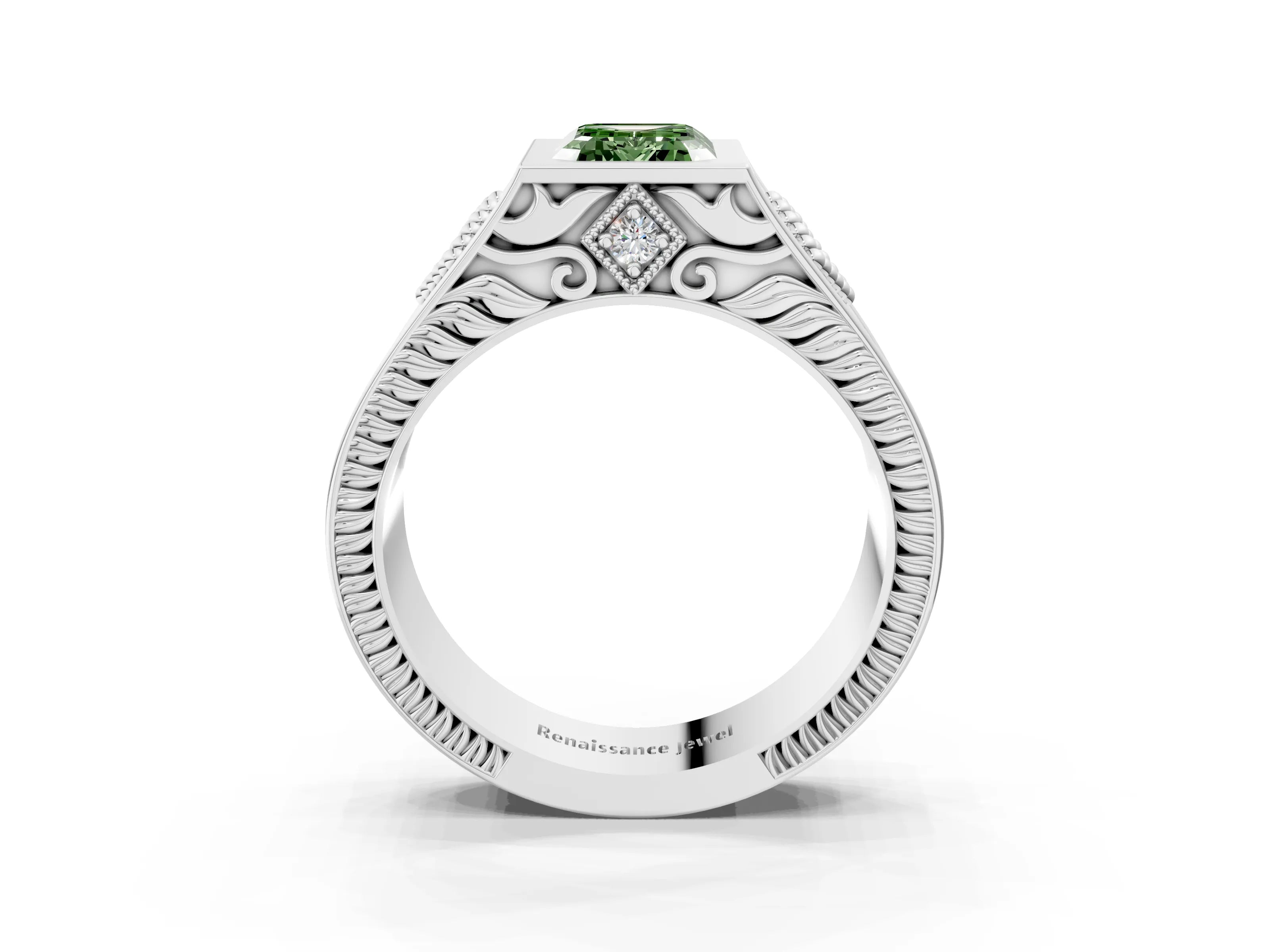 White gold Hexagonal Bezel Fancy Green Emerald Cut Diamond Engraved Band Prong Ring_3