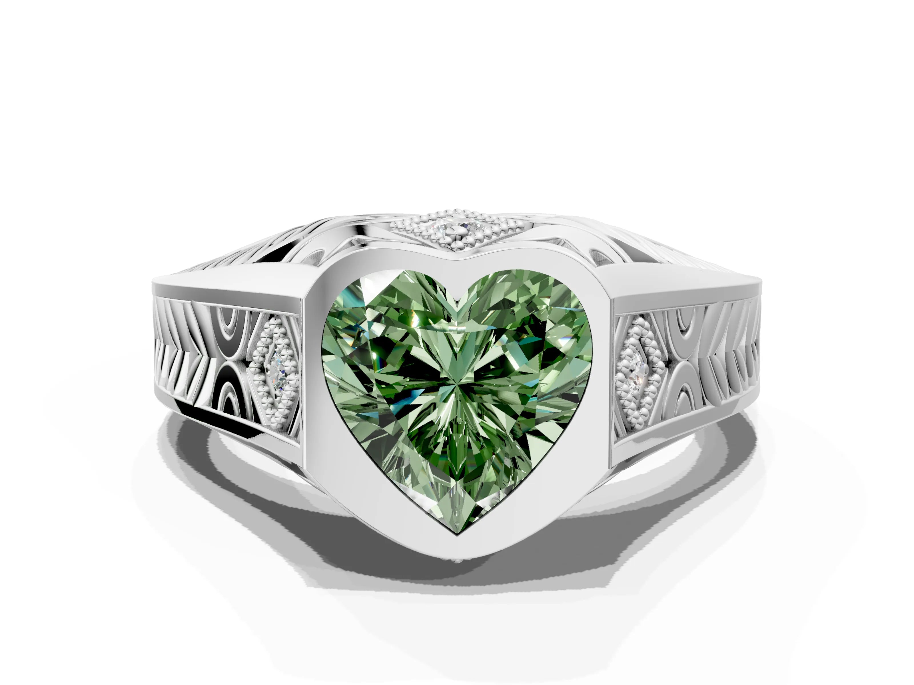 White gold Hexagonal Bezel Fancy Green Heart Cut Diamond Engraved Band Prong Ring