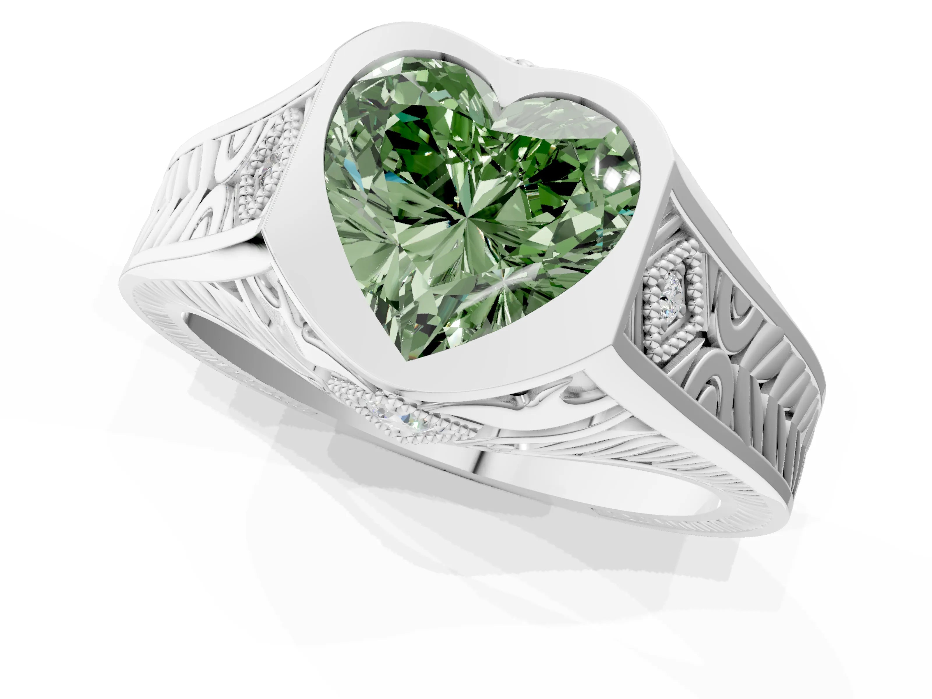 White gold Hexagonal Bezel Fancy Green Heart Cut Diamond Engraved Band Prong Ring_1