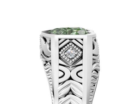 White gold Hexagonal Bezel Fancy Green Heart Cut Diamond Engraved Band Prong Ring_11