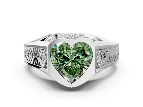 White gold Hexagonal Bezel Fancy Green Heart Cut Diamond Engraved Band Prong Ring_24