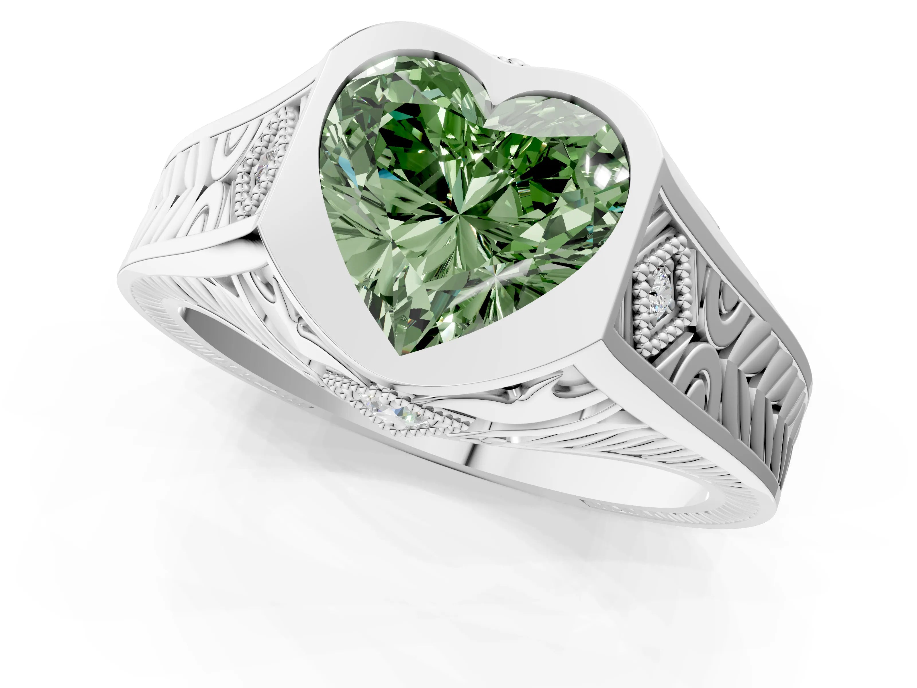 White gold Hexagonal Bezel Fancy Green Heart Cut Diamond Engraved Band Prong Ring_25
