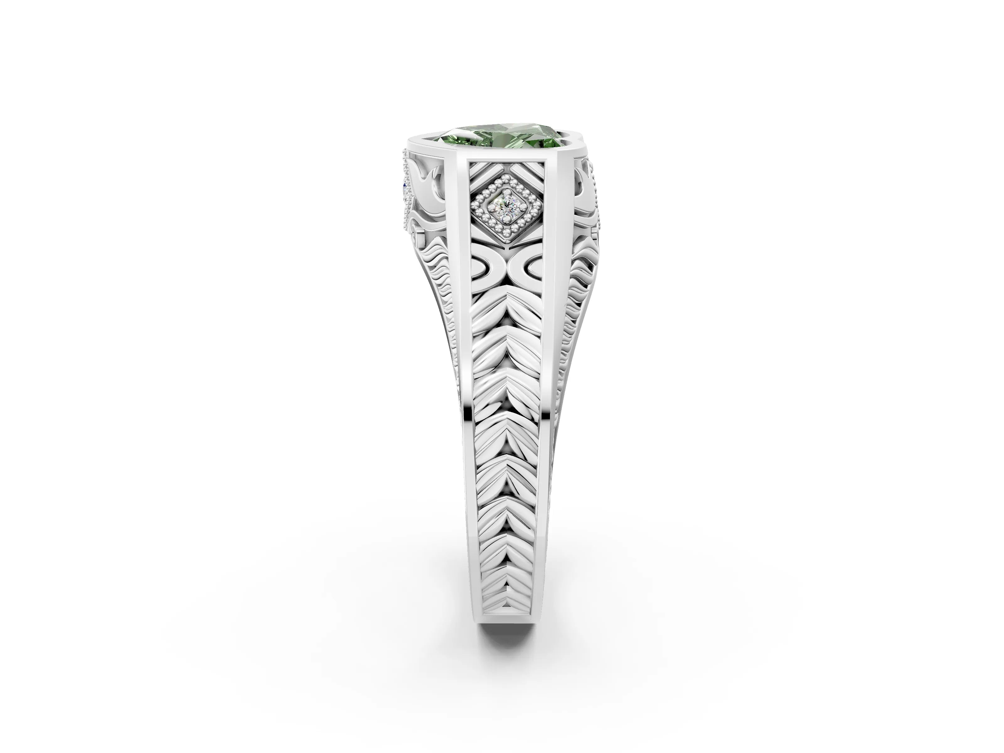 White gold Hexagonal Bezel Fancy Green Heart Cut Diamond Engraved Band Prong Ring_26