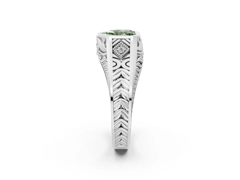 White gold Hexagonal Bezel Fancy Green Heart Cut Diamond Engraved Band Prong Ring_26