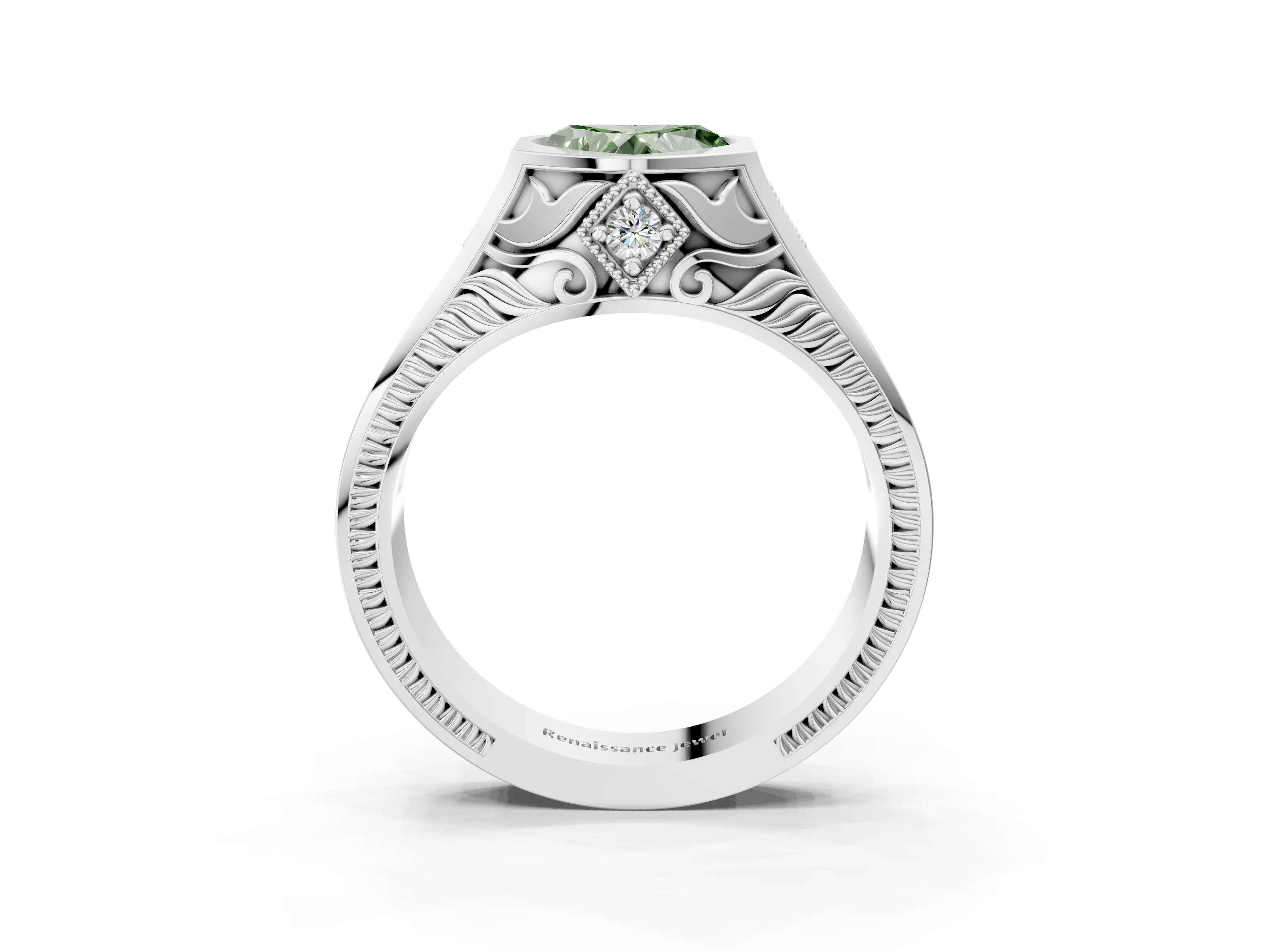White gold Hexagonal Bezel Fancy Green Heart Cut Diamond Engraved Band Prong Ring_27