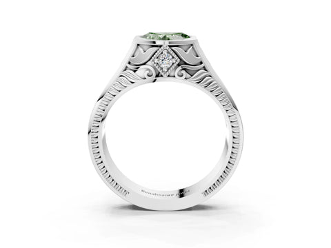 White gold Hexagonal Bezel Fancy Green Heart Cut Diamond Engraved Band Prong Ring_27