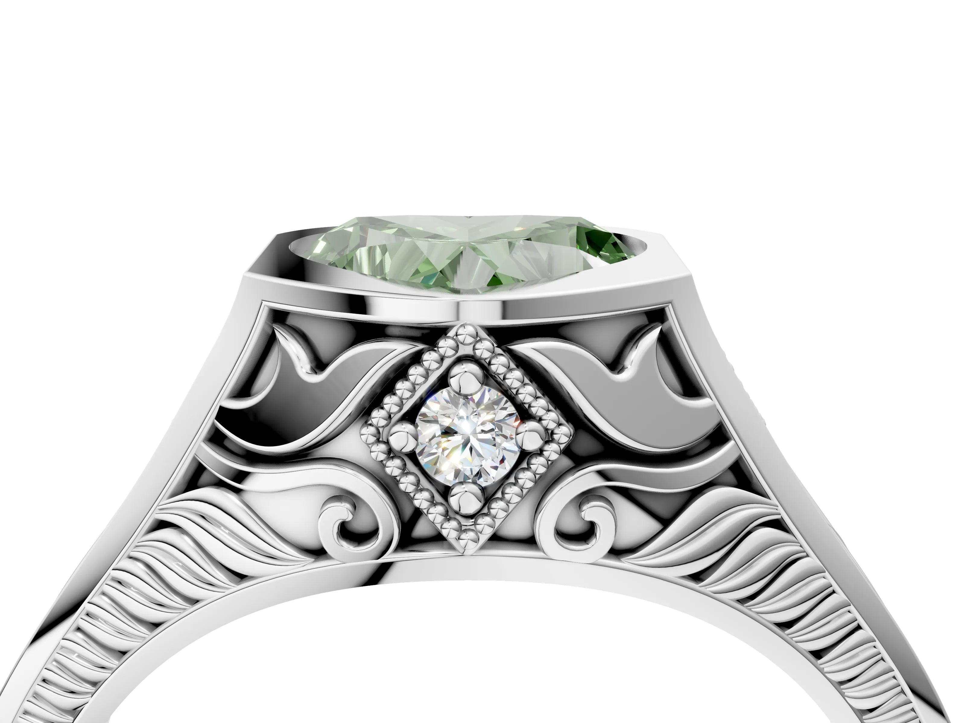 White gold Hexagonal Bezel Fancy Green Heart Cut Diamond Engraved Band Prong Ring_28