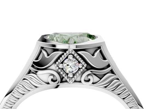 White gold Hexagonal Bezel Fancy Green Heart Cut Diamond Engraved Band Prong Ring_28