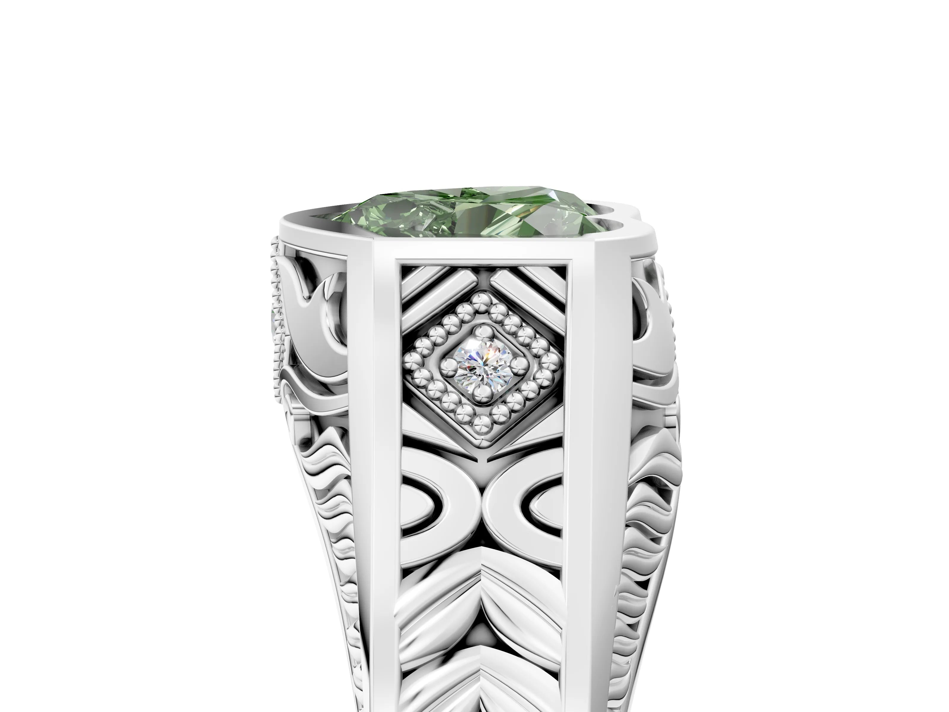 White gold Hexagonal Bezel Fancy Green Heart Cut Diamond Engraved Band Prong Ring_29